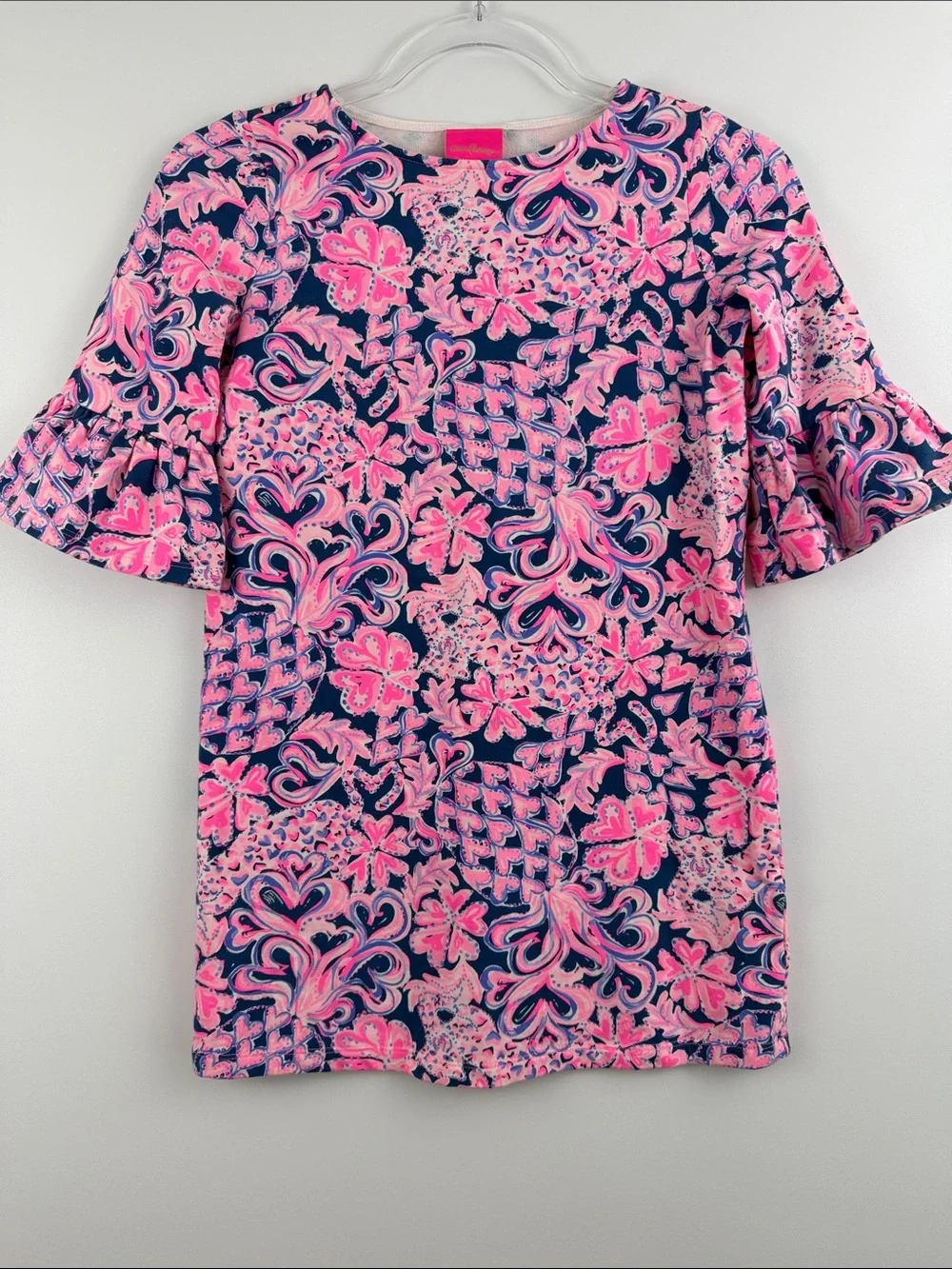 Lilly Pulitzer Elliemae Love You Bunches Pink Floral Ruffle Sleeve Dress Girls L